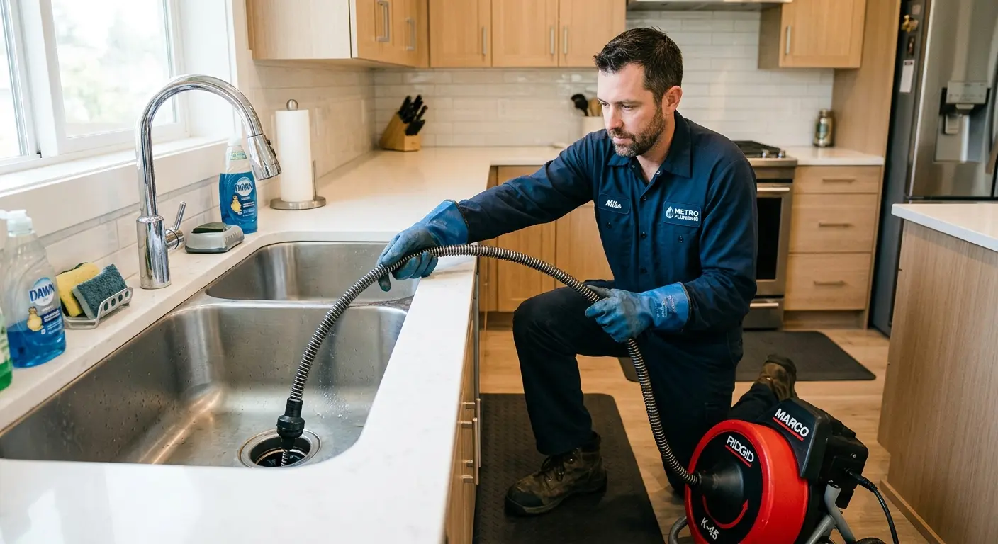 Drain cleaning technician using a motorized snake on a kitchen sink in Slidell