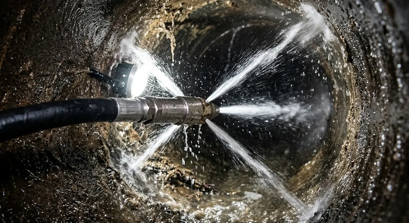 High-pressure hydro jetting nozzle cleaning sewer pipe for Emergency Drain Service in Slidell