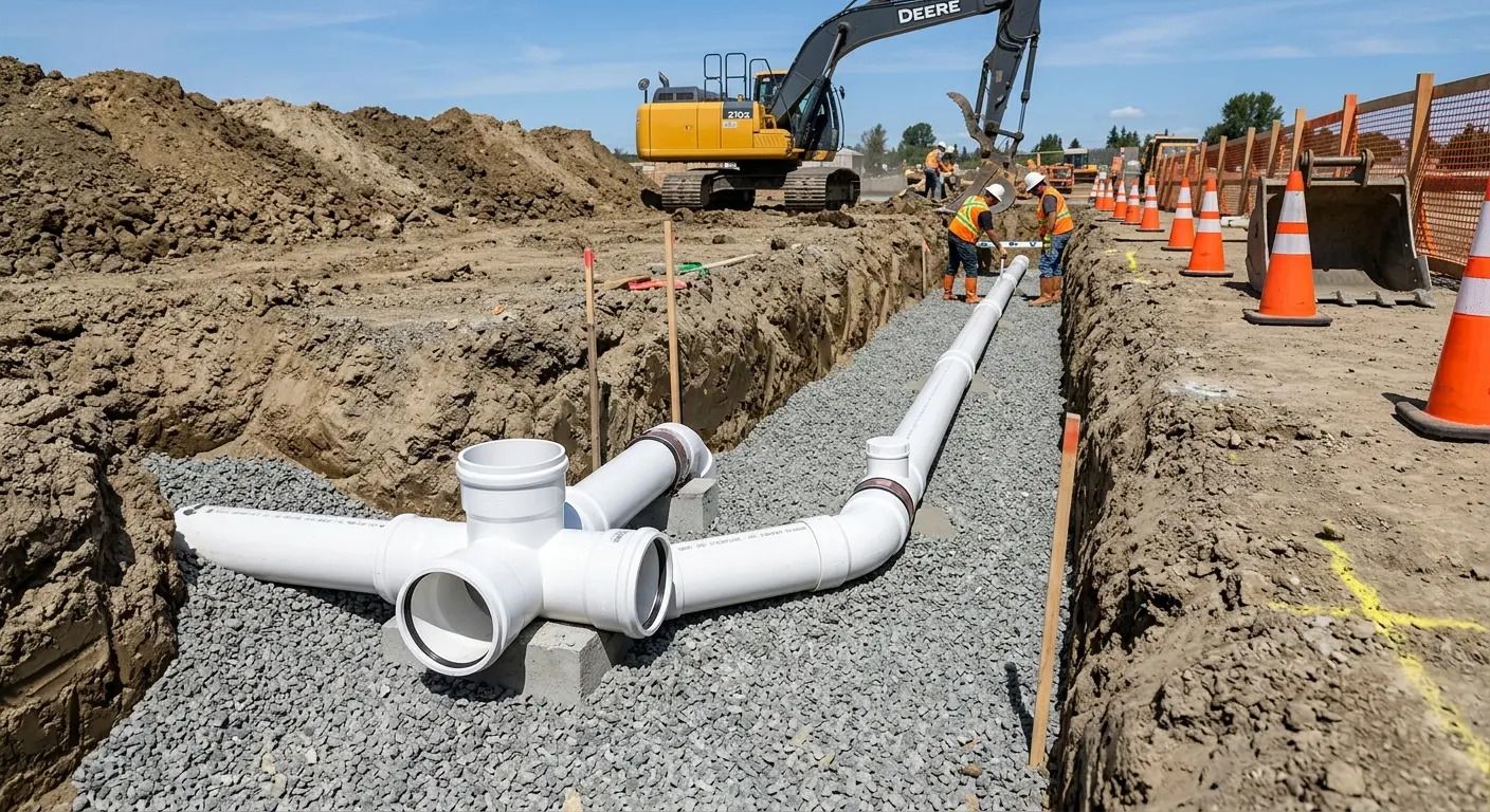 New PVC sewer pipe installation in open trench for Sewer Backup in Slidell