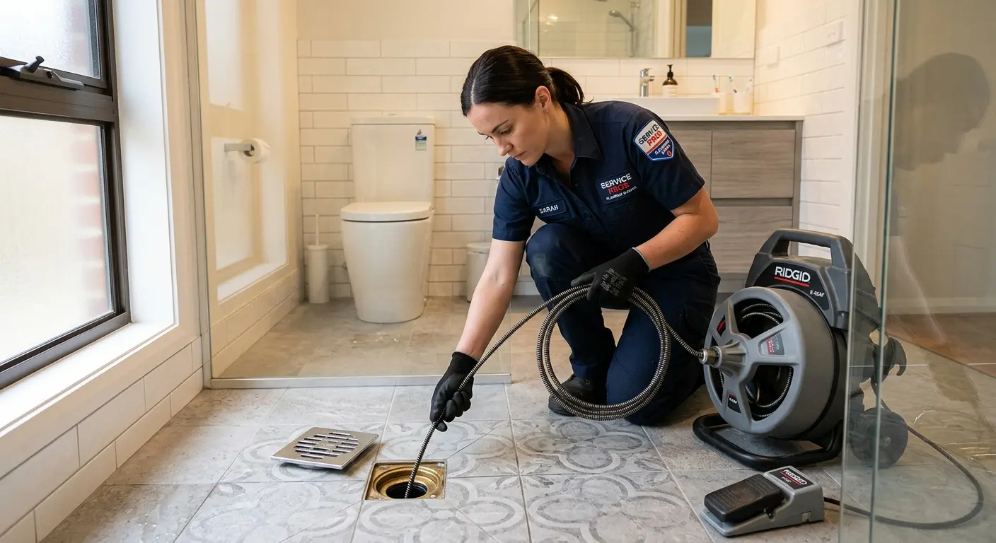 Technician clearing a bathroom floor drain for Drain Cleaning in Slidell
